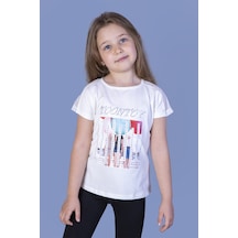 Toontoy Kids Toontoy Kız Çocuk Dijital Baskılı Taş İşlemeli Tişört Ekru