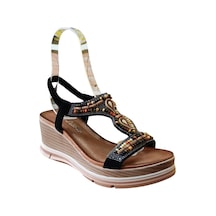 De Scarıo 1060 Kadın Taşlı Dolgu Topuklu Comfort Sandalet Siyah Siyah