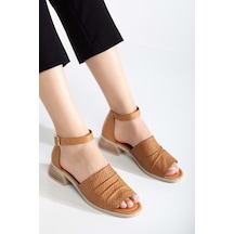 Analin Shoes Kadın Hakiki Deri Kalın Bantlı Alçak Topuklu Sandalet Taba