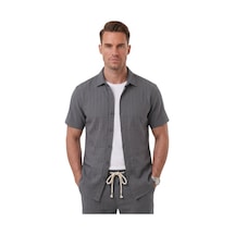 Deep Sea Deepsea Füme Slim Fit Çizgi Dokulu Keten Görünümlü Kısa Kol Erkek Spor Gömlek 2602648