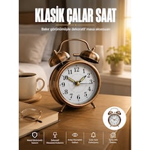 Metal Bronz Nostaljik Masa Saati Alarmlı Büyük Boy Sessiz Mekanizmalı Çokrenkli