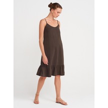 Dilvin 90572 Alt Bölümü Büzgülü Kısa Denim Elbise-kahve Kahve