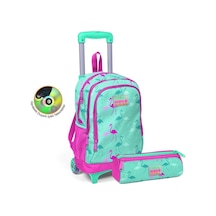 Kids Su Yeşili Neon Pembe Flamingo Desenli Çekçekli Çanta Seti Çanta-kalemlik Su Yeşili Çok Renkli