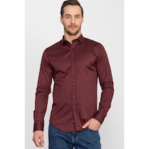 Tudors Slim Fit Dar Kesim Likralı Düz Saten Erkek Gömlek-19933 Bordo