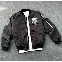 Yake Store Unisex Uzun Kol Kuru Kafa Baskılı Bomber Ceket - Siyah - Siyah