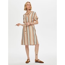 Çizgili Gömlek Yaka Kemerli Keten Karışımlı Elbise S25elb040 Us25elb04034 Bej