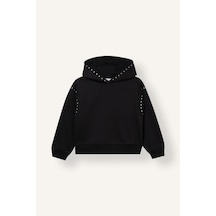 Defacto Oversize Kapüşonlu Zımba Detaylı İçi Yumuşak Tüylü Sweatshirt Kız Çocuk I6188a826wnbk81 Siyah-bk81