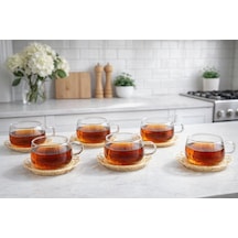 Qerhome 6'lı Borosilikat Cam Bambu El Yapımı Rattan Tabaklı Çay Ve Kahve Fincanı180 Ml Şeffaf