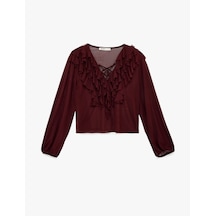 Koton Uzun Kollu V Yaka Fırfırlı Şifon Bluz Bordo 6sak80060ek Bordo