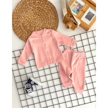 Neşeli Bebekler Çizgili Kumaş Önden Çıtçıtlı Pijama Takımı Somon