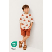Luppinos Pamuk Baskılı Bisiklet Yaka Çift Cepli Bebek - Çocuk Tshirt Şort Set Kiremit - Beyaz
