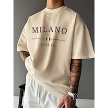 Mılano Italıa Baskılı Süprem Bej T-shirt - Oversize Bisiklet Yaka Tişört Bej