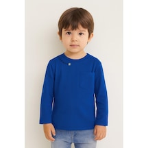Luess Unisex Çocuk Happiness Nakışlı Cepli Fitilli Kaşkorse Tişört Lacivert