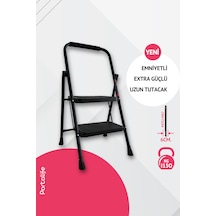 Portalife 2 Basamaklı Uzun Tutacaklı Şık Siyah Çelik Merdiven 100 Cm'ye Kadar