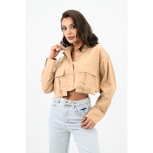 Koza Butik Kadın Crop Cep Detaylı Gömlek 1672-24 001