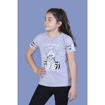 Toontoy Kids Toontoy Kız Çocuk Baskılı Taş İşlemeli Arkası Tül Detaylı Tişört Gri Melanj
