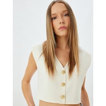 Koton Koton X Zeynep Bastık - Crop Blazer Yelek V Yaka Gold Düğmeli Ekru 5wak20016pw Ekru