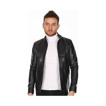 Hakiki Kuzu Derisi Spor Fermuarlı Dik Yaka Erkek Deri Ceket Siyah Siyah