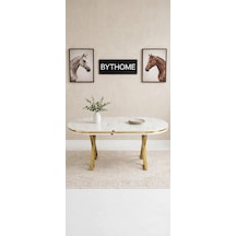 Lak Panel Marmol Gold Pvc Li Sabit Yemek Masası, Mutfak Masası, Salon Masası Beyaz - Gold