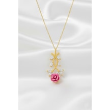 Çekirdekjewelry 925 Ayar Gümüş Pembe Güllü Kolye Sarı