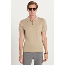 Tudors Erkek Slim Fit Dar Kesim Pamuklu Örme Triko Fermuarlı Vizon Polo Yaka Tişört-35602 Vizon