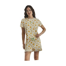 Gamzelirenklerim Piamoni Tropikal Desenli Şortlu Kısa Kollu Pijama Takımı - Meyveli Pijama Takımı 7715-15 Krem