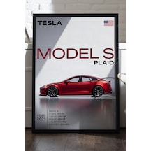 Tesla Model S Plaid Siyah Ahşap Çerçeveli Poster, Dekoratif Araba Duvar Tablosu