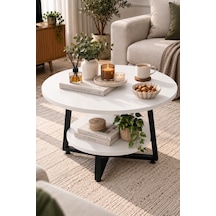Yuvarlak Orta Sehpa 69,5 Cm İki Katlı Raflı Metal Ayaklı Modern Dekoratif Salon Sehpası Beyaz