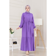 Gömlek Yaka Beli Tünelli Sare Elbise-mor-5069 Mor