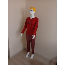 Kırmızı Önü Yazılı Altı Ekose Pijama Takımı Dowry