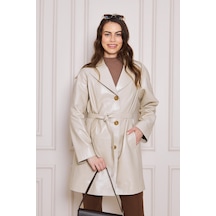 M M Marki Marki Kadın Hakiki Deri Trençkot Bej, V Yaka, Kuşaklı, Düğme Kapamalı, Oversize, 90 Cm - 117122