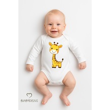 Babyden's Sevimli Hayvan Figürlü %100 Pamuk Uzun Kollu Çıtçıtlı Bebek Body Zürafa Beyaz