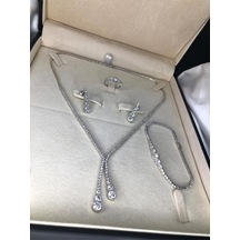 Kadın Gümüş Set - Çağ Zirconia Taşlı Su Yolu Set • Işıklı Kutuda • Düğün • Nişan • Gelin Seti