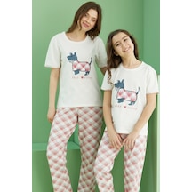 Siyah İnci Pamuklu Bisiklet Yaka Örme Pijama Takım25117086 Ekru