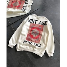 Kadın Bisiklet Yaka 3 İplik Baskılı Oversize Sweatshirt - Beyaz