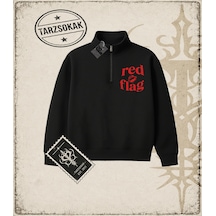 Tarzsokak Gotik & Grunge Streetwear Red Lıps Flag Yarım Fermuarlı Sweatshirt Siyah
