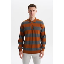 AR-MA Arma Erkek Ribanalı Regular Fit Çizgili %100 Pamuk Ringel Ottoman Kumaş Polo Yaka Düğmeli Sweatshirt K30554952602 Kahverengi - Krem