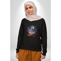 Sevimli Bebek Ejderha Elmas Yumurta Unisex Siyah Baskılı Sweatshirt Siyah