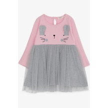 Breeze Kız Çocuk Uzun Kollu Elbise Kedicik Nakışlı 1.5-5 Yaş, Pembe