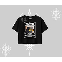 Tarzsokak Wanted Temalı Kedi Baskılı Oversize Crop Tshirt Siyah