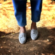 Ne&ve Shoes Gri Süet Hakiki Deri Kadın Bağcıklı Loafer Ayakkabı