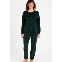 Pemilo Kadın 13164-2840 Uzun Kol Kadife Pijama Takımı Yeşil Yeşil