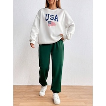 Usa Bayrak Eşofman Takımı Beyaz Sweatshirt Yeşiljogger - Baskılı Oversize Şardonlu Bisiklet Yaka Beyaz