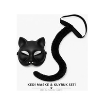 Siyah Kedi Maskesi Ve Peluş Kuyruk Kostüm Seti 70 Cm Bx40