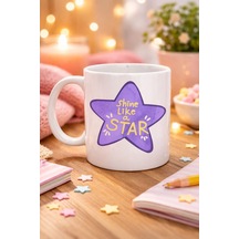 Shine Like A Star Motivasyon Mesajlı Mor Yıldız Tasarımlı Porselen Kupa Model 122, Günlük Kullanım