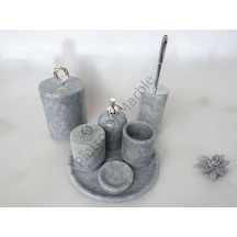 Gri Mermer Klasik Model 7 Parça Gümüş Renk Halka Aksesuarlı Banyo Seti Gri