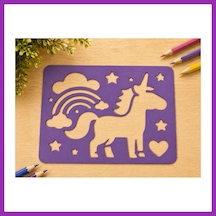 Bezos 3d Baskı Unicorn Ve Gökkuşağı Çizim Şablonu - Desen Kalıbı - Mor Bty
