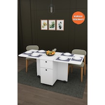 Lüks Katlanır Mutfak Yemek Masası %100 Mdf Pratik Çekmeceli Çalışma Masası Km99 Beyaz