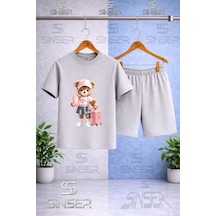 Ss Sinser Çocuk Ayıcık Valızlı Kız Baskılı Bisiklet Yaka Tişört - Şort Alt - Üst Çocuk Takım Renk:gri