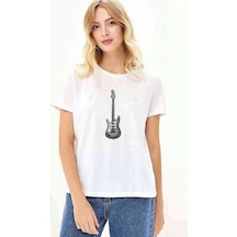 Drawing Elektro Guitar Red Baskılı Beyaz Kadın Tshirt
